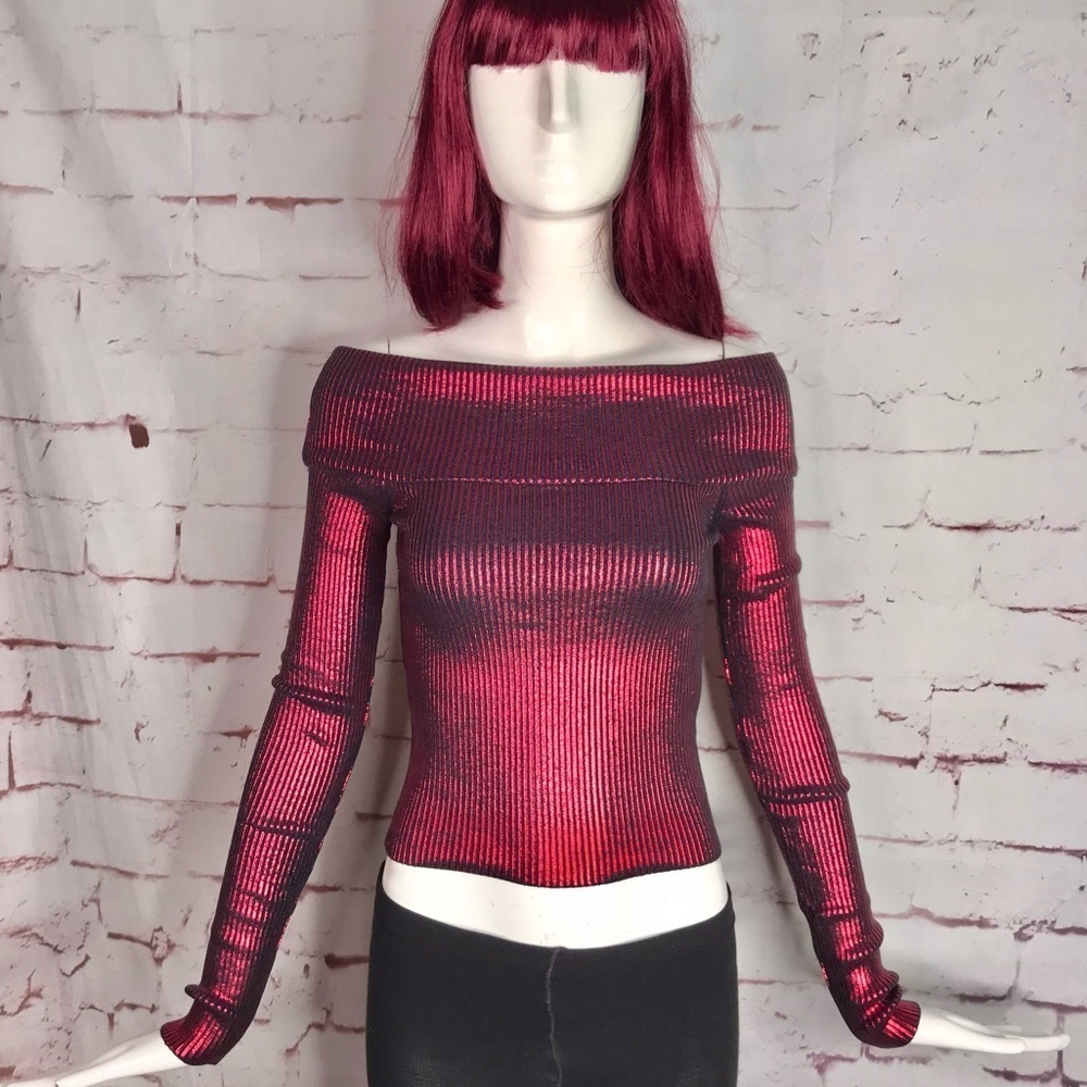 NEW ZARA XS Off the Shoulder Red Metallic Knit Foil Stretch Top NEW WITH TAG - Picture 15 of 15